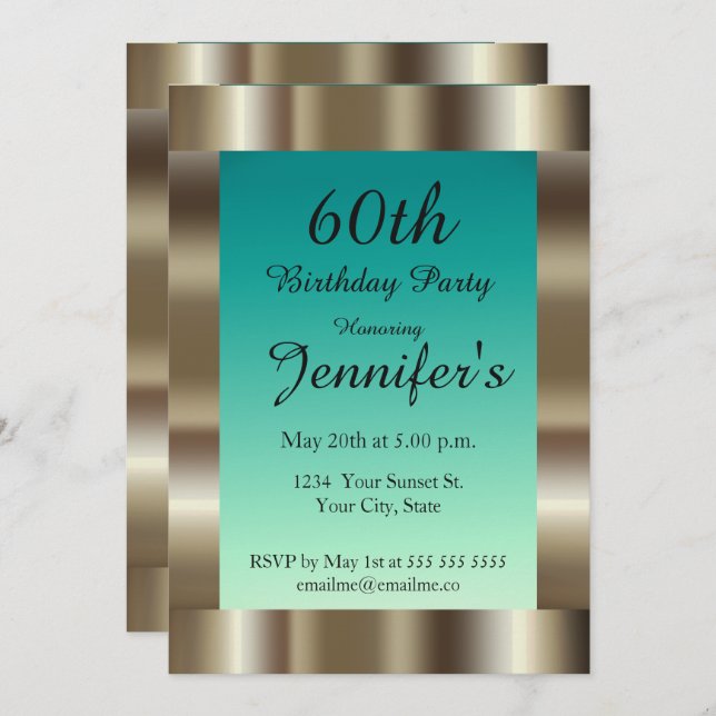 Convite 60ª Frame Dourado do Teal da Festa de aniversário (Frente/Verso)