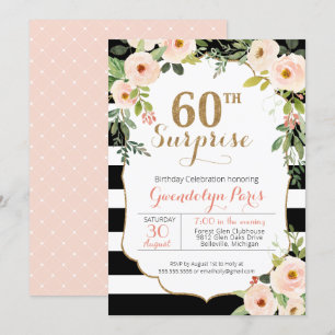 Convite 60ª Surpresa Black White Stripe Floral
