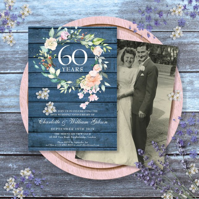 Convite 60º 75º Foto do Aniversário de Casamento Floral Rú (60th 75th Anniversary Wedding Photo Floral Rustic Invitation)