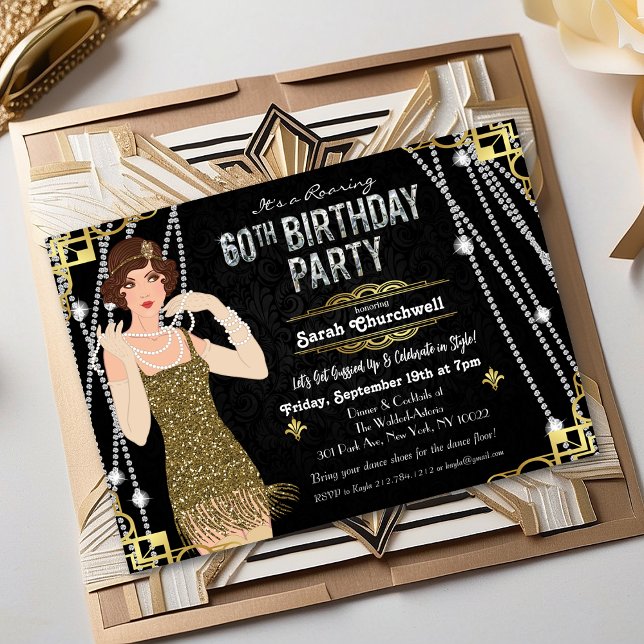 Convite 60º Aniversário 1920 Gatsby Flapper Girl Aniversár (Criador carregado)