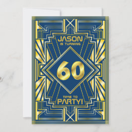 Convite 60º aniversário Art Deco Dourado Excelente Azul Ga