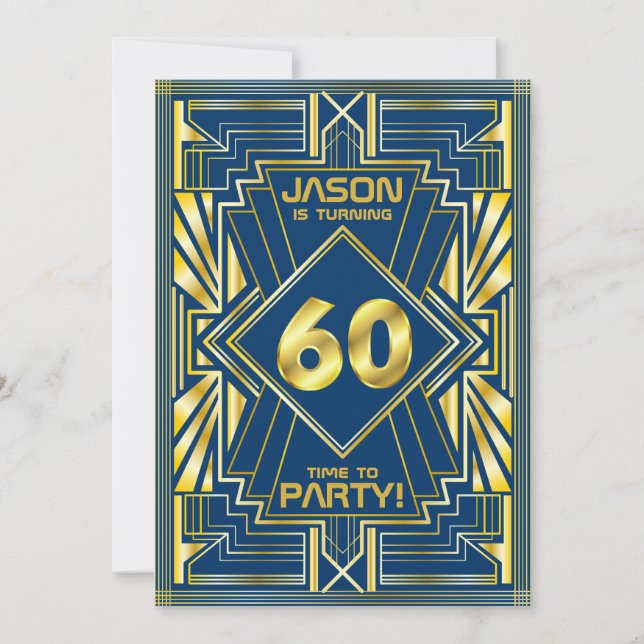 Convite 60º aniversário Art Deco Dourado Excelente Azul Ga (Frente)