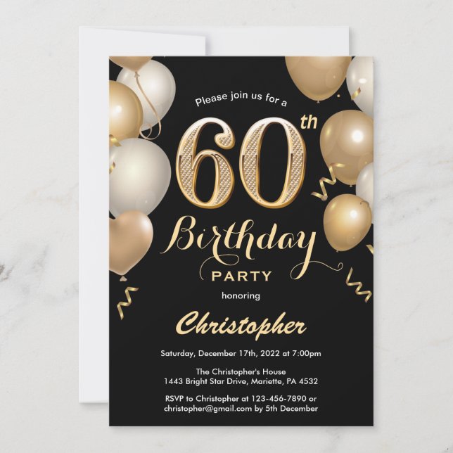 Convite 60º aniversário Balões Negros e Dourados Confetti (Frente)