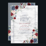 Convite 60º aniversário Borgonha Azul Dusty Blush Dourado<br><div class="desc">Celebre seu aniversário de 60 anos em estilo com este belo 60º aniversário Dusty Blue Burgundy Blush Dourado Convite Floral! Apresentando elegante azul empoeirado, marsala burgundy e florais cor-de-água rosados e verde botânico e um quadro azul empoeirado contra um fundo de mármore faux, único, este convite encanará certamente os seus...</div>