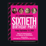 Convite 60º aniversário Círculos de fotos cor-de-rosa pret<br><div class="desc">Modelo de foto unisexo preto e branco, simples e preto, rosa quente, preto e branco, 60.o convite de aniversário. Personalize este convite de aniversário milestone com seus próprios detalhes de evento de festa de aniversário, e quatro fotos diferentes de sua aniversariante nos círculos fotográficos. Outras cores de anos e itens...</div>