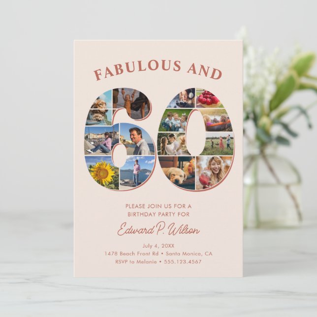 Convite 60º Aniversário Colagem de Fotos Elegante e Eterno (Em pé/Frente)