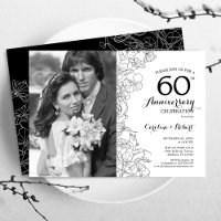 60º Aniversário Com Foto - Floral Preto e Branco