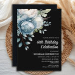 Convite 60º Aniversário da Mulher Negra Azul-Branca<br><div class="desc">Linda cor azul e branca da água floral no cartão postal do 60º convite de aniversário feminino preto. O texto é totalmente personalizável,  de modo que este cartão pode ser projetado para qualquer idade. Entre em contato comigo para obter assistência com a personalização ou para solicitar produtos correspondentes.</div>