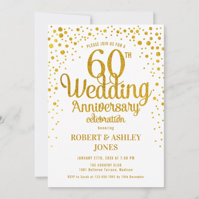 Convite 60º Aniversário de Casamento - Dourado e Branco (Frente)