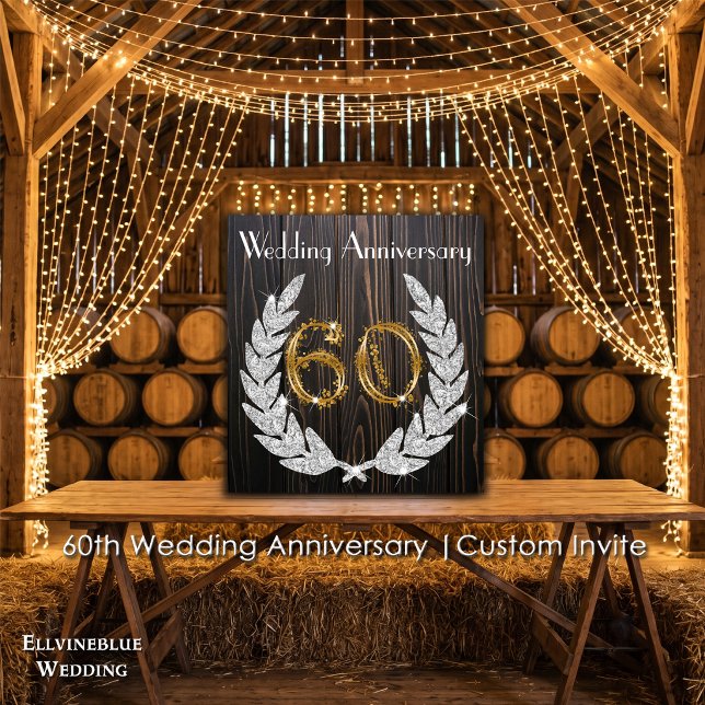 Convite 60º Aniversário de Casamento | Madeira Rústica & D (60th Wedding Anniversary Invite | Rustic Wood & Diamond Laurel. Size: 5.25” x 5.25”)