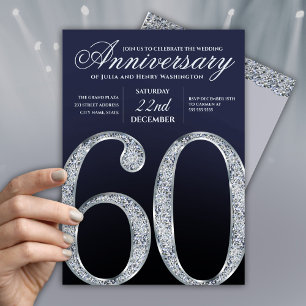 Convite 60º Aniversário Diamante Prata Azul-Marinho Modern