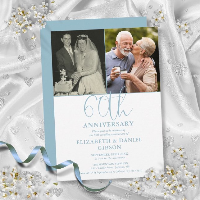 Convite 60º aniversário do casamento, então e agora 2 foto (60th Wedding Anniversary Then And Now 2 Photo Invitation)