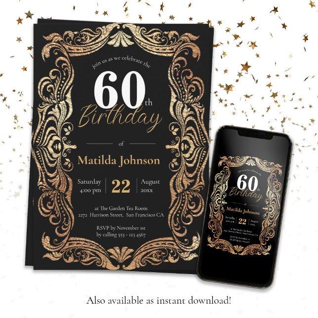 Convite 60º aniversário do Dourado Boho Negro Glamoroso El (60th Birthday Gold Black Boho Glamorous Elegant Invitation)