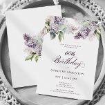 Convite 60º Aniversário do Partido Surpresa Flor Lilac Rox<br><div class="desc">Lilases púrpuras de aquarela suave criam um convite bonito para 60 anos de primavera. A caligrafia adiciona uma estética elegante. Este convite de aniversário está disponível tanto no estoque de papelão tradicional quanto em uma versão descarregável.</div>