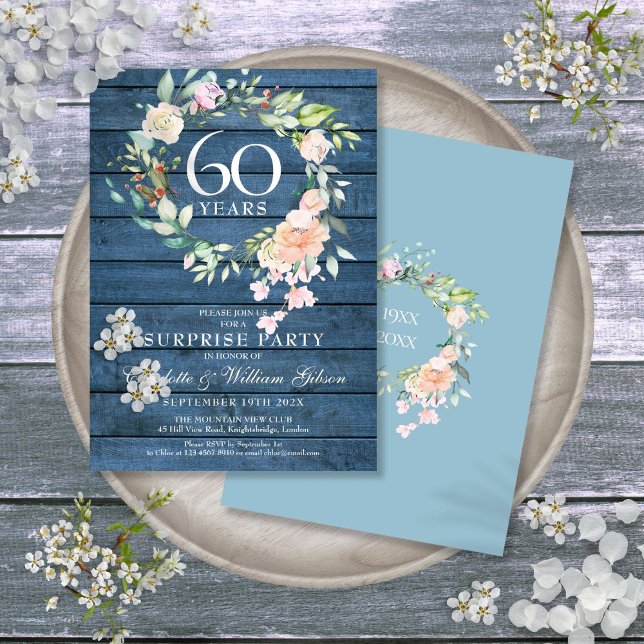 Convite 60º aniversário do Partido Surpresa Floral Blue Ru (60th Anniversary Surprise Party Floral Blue Rustic Invitation)