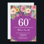 Convite 60º Aniversário do Purple Floral<br><div class="desc">60º Aniversário do Floral Roxo. Flor Floral de Aquarela. Fundo Violeta Lavanda Lilac Roxo. Rosa,  Amarelo,  Laranja,  Flor Roxo. Aniversário Adulto. Para mais personalização,  clique no botão "Personalizar" e use nossa ferramenta de design para modificar este modelo.</div>