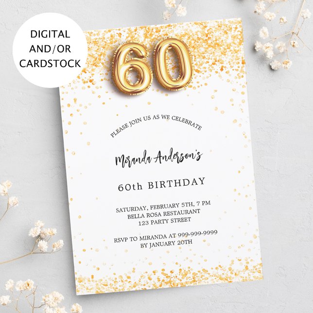 Convite 60º aniversário, dourado branco confetti elegante (Criador carregado)