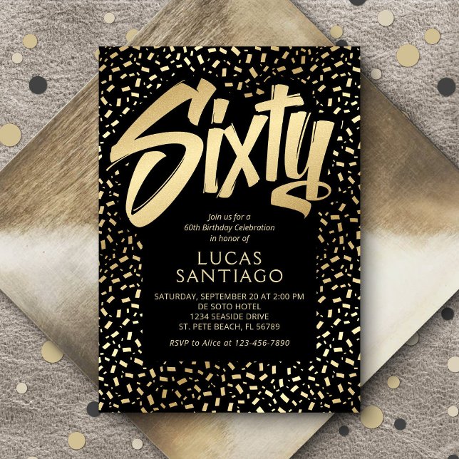 Convite 60º aniversário Dourado Confetti Negro (Criador carregado)