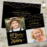 Convite 60º aniversário e agora fotos das luzes de sequênc<br><div class="desc">Convide seus hóspedes com este 60º convite de aniversário em preto e ouro com luzes de cordas apresentando um design de tipografia retrorreflectora com 60 ANOS NO FAZER que integra o ano de nascimento no design. Inclua fotos THEN e AGORA para um convite divertido. Os detalhes do convite de festas...</div>