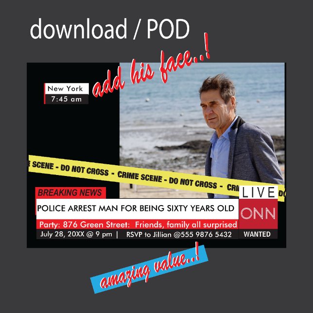 Convite 60º aniversário engraçado 🎉 notícias falsas da TV (Criador carregado)