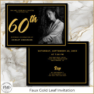Convite 60º aniversário Foto Preta Faux Dourado Folha Eleg