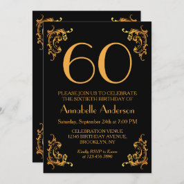 Convite 60º Aniversário Glam Moderno Dourado e Preto Vinta