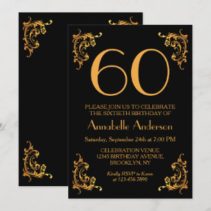 Convite 60º Aniversário Glam Moderno Dourado e Preto Vinta