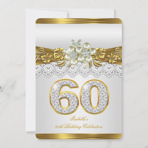 Convite 60º Aniversário Pérola Branca com Renda Dourada e