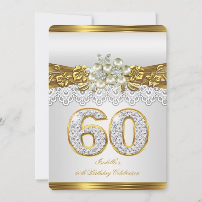 Convite 60º Aniversário Pérola Branca com Renda Dourada e  (Frente)