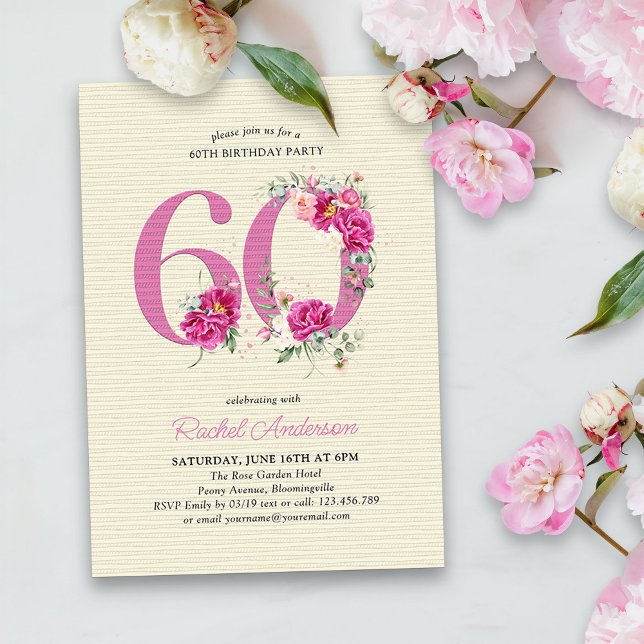 Convite 60º Aniversário Pink Peony Floral Número 60 (60th Birthday Invitation with pink floral number 60 - elegant vintage design with roses and peonies)