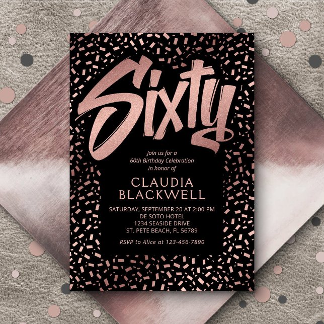 Convite 60º Aniversário Rosa Dourado Confetti (Criador carregado)