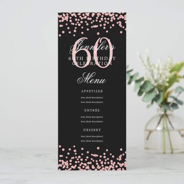 Convite 60º Aniversário Rosa Dourado Confetti Preto (Em pé/Frente)