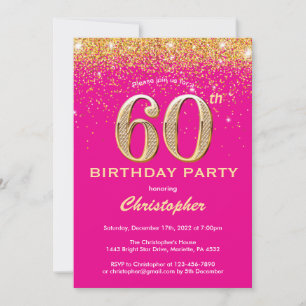 Convite 60º Aniversário, Rosa Quente e Dourada Confetti