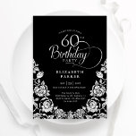 Convite 60º aniversário Rosas pretos de prata<br><div class="desc">Convite de aniversário 60º e elegante prata preta. Design clássico com rosas, folha prateada falsa e letra de script de tipografia. A Trendy convida o cartão perfeito para uma festa de na moda. Personalize com seus próprios detalhes. Pode ser personalizado para qualquer idade. Impressos convites Zazzle ou modelo de impressão...</div>