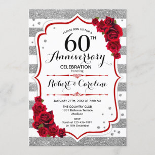 Convite 60º Aniversário - Rosas Vermelhas Brancas Prateada