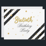Convite 60º Aniversário Surpresa Dourada Geométrica<br><div class="desc">Modern Surprise 60th Birthday Script Geométrico Dourado Invitation com faixas pretas e pontos brilhantes de folhas de ouro com tipografia de script que você pode editar facilmente. Para mais personalização,  clique no botão "Personalizar" e use nossa ferramenta de design para modificar este modelo.</div>