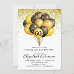 Convite 60º Aniversário Surpresa Glitter Dourado Negro<br><div class="desc">Balões negros e dourados e convite para a 60ª festa de aniversário. Design de preto e ouro negros e em forma de ouro,  com uma letra moderna de escrita. Personalizar para qualquer idade. 40,  50,  60,  70,  80,  90 e mais.</div>