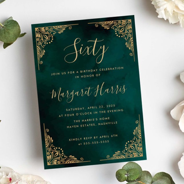 Convite 60º aniversário verde da 6ª Frame Dourada (Criador carregado)