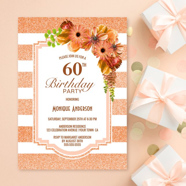 Convite 60º Apricot Striped Floral Party (Criador carregado)