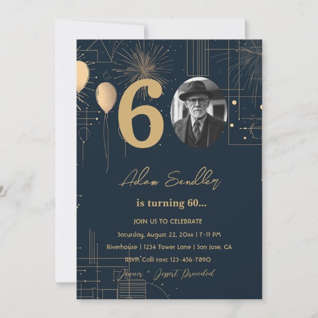 Convite 60º balões de festa de aniversário e fogos de arti (Frente)