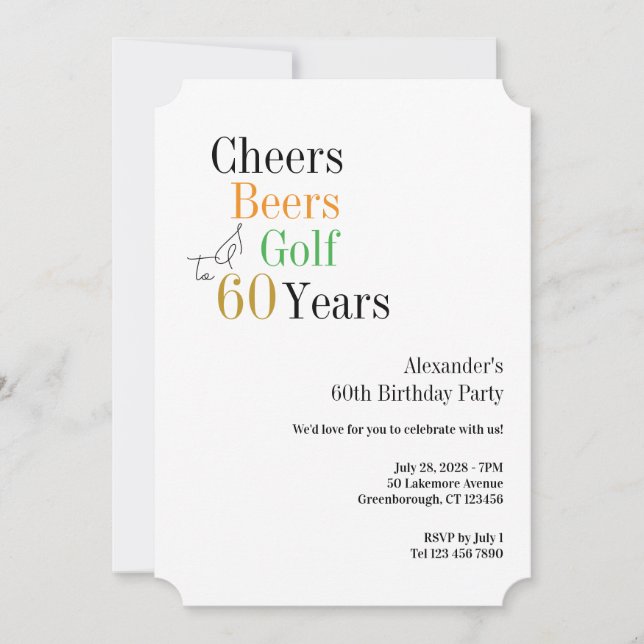 Convite 60º Golf Birthday Cheers and Beers Minimal (Frente)