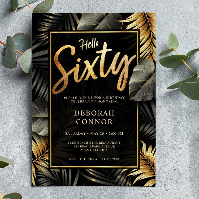 Convite 60º Negro e Dourado Folhas Tropicais Sessenta Hoje (Criador carregado)