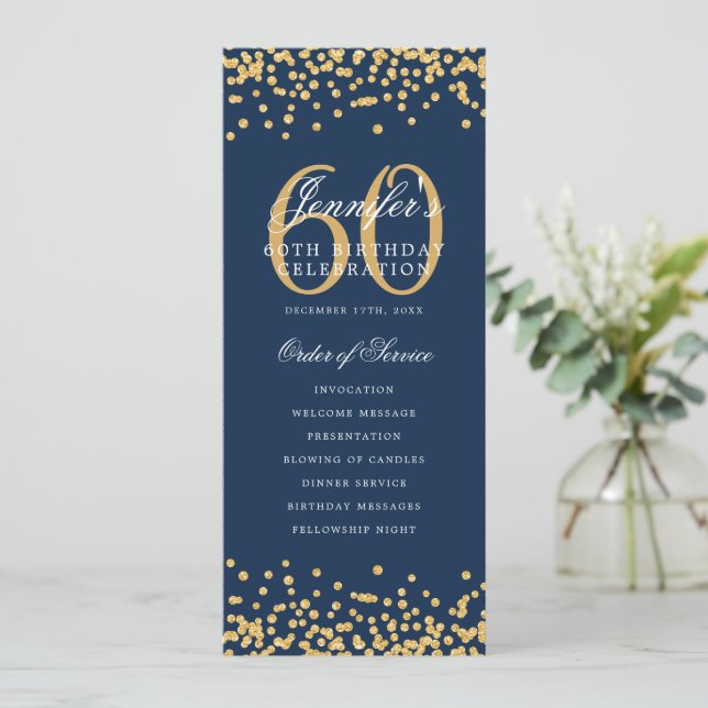 Convite 60º Programa de Aniversário, Dourado Menu Confetti (Em pé/Frente)