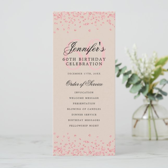 Convite 60º Programa de Aniversário Rosa Dourado Menu Cham (Em pé/Frente)