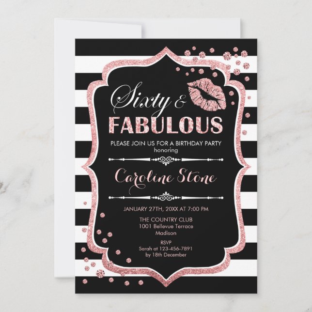 Convite 60.º aniversário - 60 Fabuloso Rosa preto Dourado (Frente)