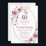 Convite 60.º aniversário Borgonha Cinchada Rosa-Rosa<br><div class="desc">Burgundy suave e flores silvestres cor-de-rosa criam um belo design floral neste elegante convite de 60 anos. As flores cor-de-rosa estão aninhadas em folhas neutras macios. Eles decoram uma moldura de ouro com vários fios. 60 está escrito em uma grande cor vermelha entorpecida. O texto é uma fonte tradicional vertical....</div>