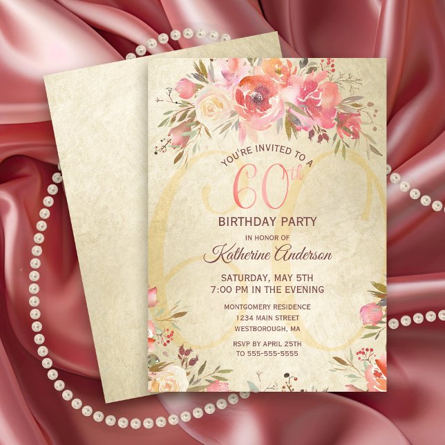 Convite 60.º Aniversário do Partido Shimmer Dourado Rosas  (Elegant Pink Roses with Gold Shimmer 60th Birthday Party Invitation)