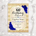 Convite 60.º aniversário - Douradas faixas Rosas azuis rea<br><div class="desc">60º Convite de Aniversário. Design elegante em ouro e azul real. Apresenta fitas de ouro com brilho sutil,  fonte de script na moda e confetti rosa de de safira. Perfeito para uma festa de aniversário de vidro.</div>