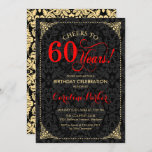 Convite 60.º aniversário - Dourado negro vermelho<br><div class="desc">60º Convite de Aniversário. Design de ouro legante vermelho,  preto e falso com cor damasco. Apresenta a fonte do script. Até 60 anos! Pode ser personalizado em qualquer idade! Envie-me uma mensagem se precisar de mais personalização.</div>