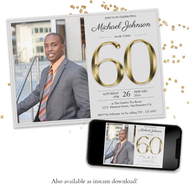 Convite 60.º aniversário Dourado Texto clássico foto perso (60th Birthday Gold Text Classy Gray Custom Photo Invitation)